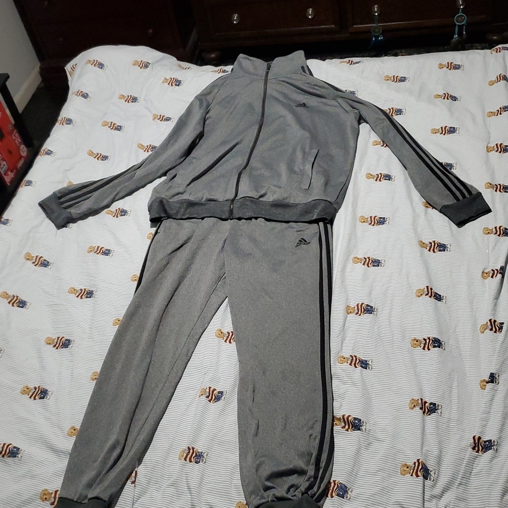 Mens Adidas Gray Track Jacket and Pants Set with Black Stripes